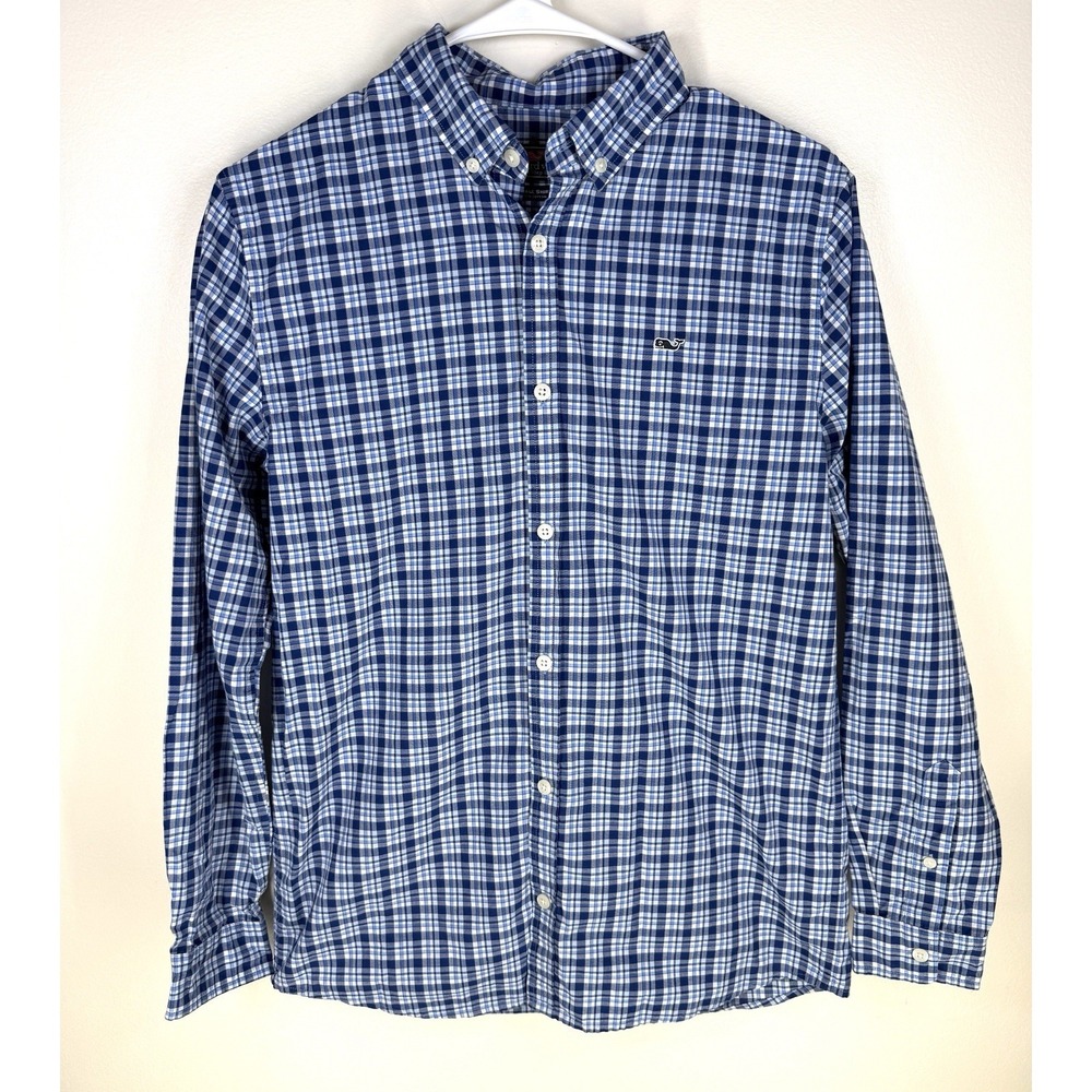 Vineyard Vines Blue Plaid Whale Shirt Boys XL 18 Long Sleeve Button Down